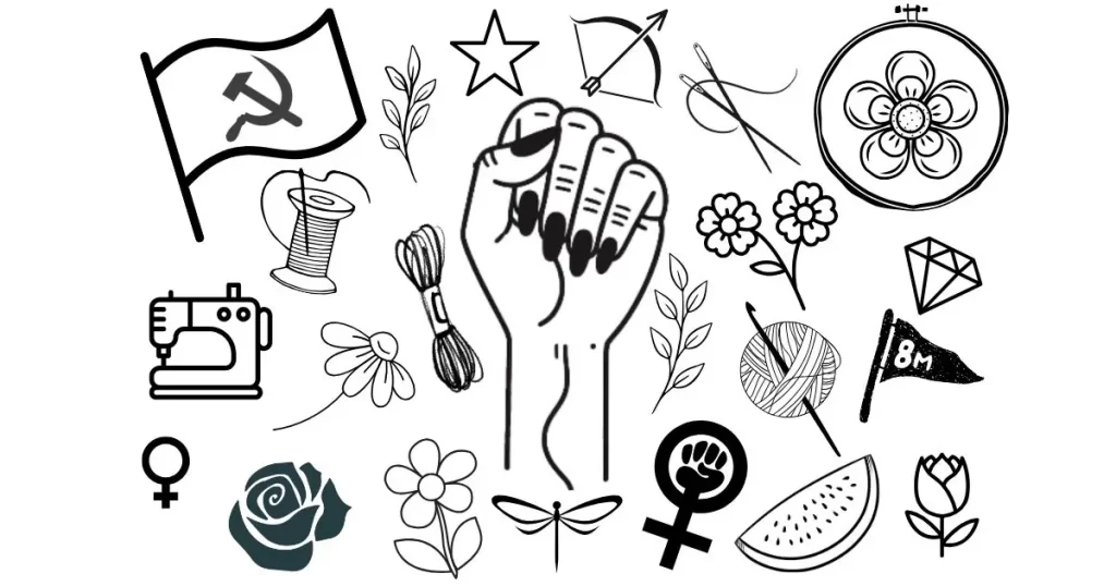 risco para bordar com vários símbolos da luta de classes, das mulheres por igualdade, comunismo, palestina livre, flores e material de bordado e crochê. são elementos que representam os valores do site e projeto agulhas da resistência subvertendo linhas e pontos, de artesanato e política
