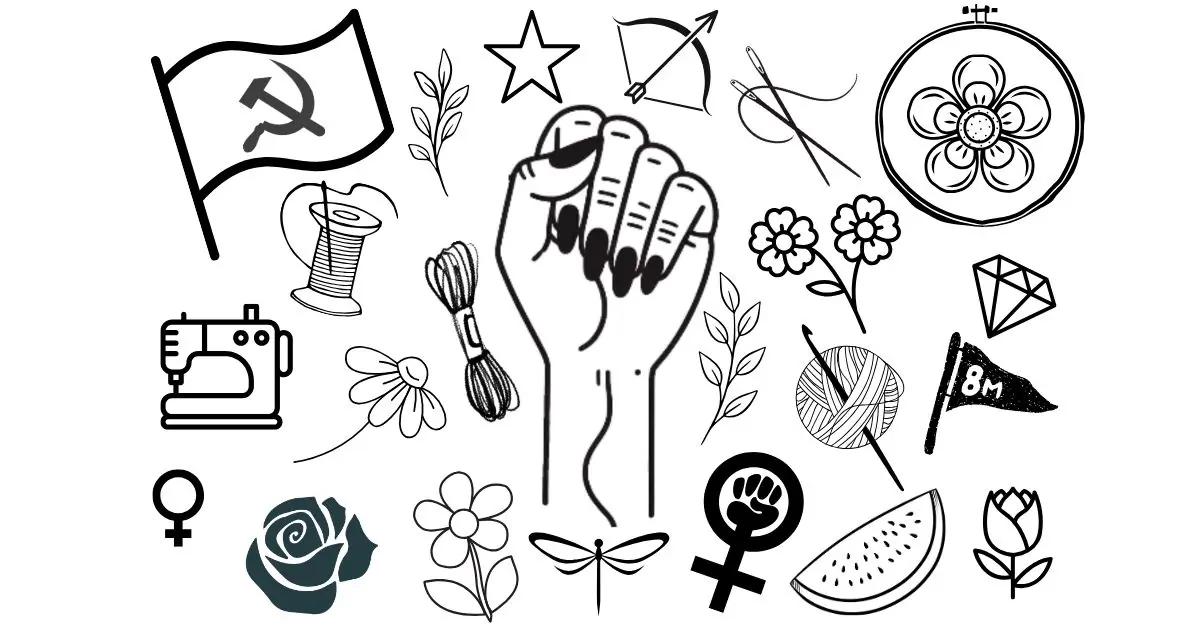 risco para bordar com vários símbolos da luta de classes, das mulheres por igualdade, comunismo, palestina livre, flores e material de bordado e crochê. são elementos que representam os valores do site e projeto agulhas da resistência subvertendo linhas e pontos, de artesanato e política