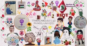 colagem de vários bordados criados pela artesã Andrea Catão, autora do site Agulhas da Resistência subvertendo linhas e pontos e criadora da marca e do canal Rosália Rosarinha Bordado. Entre as inúmeras imagens está o autorretrato da autora e retratos de mulheres inspiradoras, como Elza Soares, o cartaz Rose the riveter, Rosa Luxemburgo, imagem de uma camponesa zapatista, imagem da representação de uma mulher da campanha argentina “ni una menos”, arranjos florais bordados, bonecas em crochê como Frida Kahlo, a orixá Iemanjá e uma mulher andina representando pachamama, flores bordadas, assim como bandeiras, como a do comunismo, a do MST (Movimento dos Trabalhadores Rurais Sem Terra) e da Palestina “free palestine”, assim como o símbolo feminino e da luta feminista