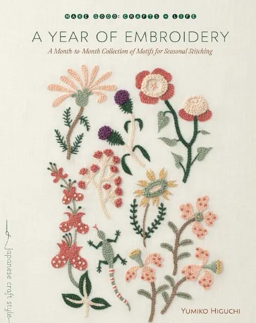 capa do livro “A year of embroidery: a month-to-month collection”, da artista Yumiko Higuchi, mostra as mais diversas aplicações do ponto corrente