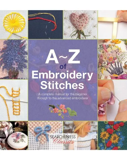 capa do livro “A-Z of embroidery stitches” é mais um guia de pontos com explicações em imagens e texto em inglês. Traz variações de pontos populares