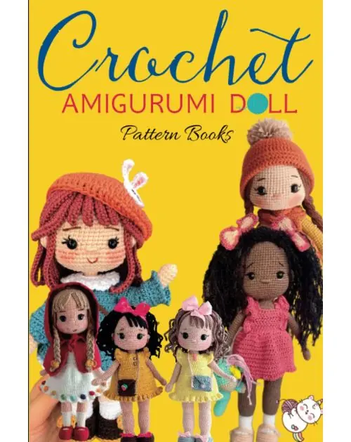 capa do livro "Crochet amigurumi doll pattern books: cute and easy crochet dool patterns”, traz o passo a passo da construção de bonecas de crochê, a técnica amigurumi