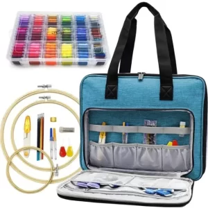 superkit 1 sacola com equipamento para bordado e costura, como agulhas, linhas meadas, bastidores, dedal, tesoura etc