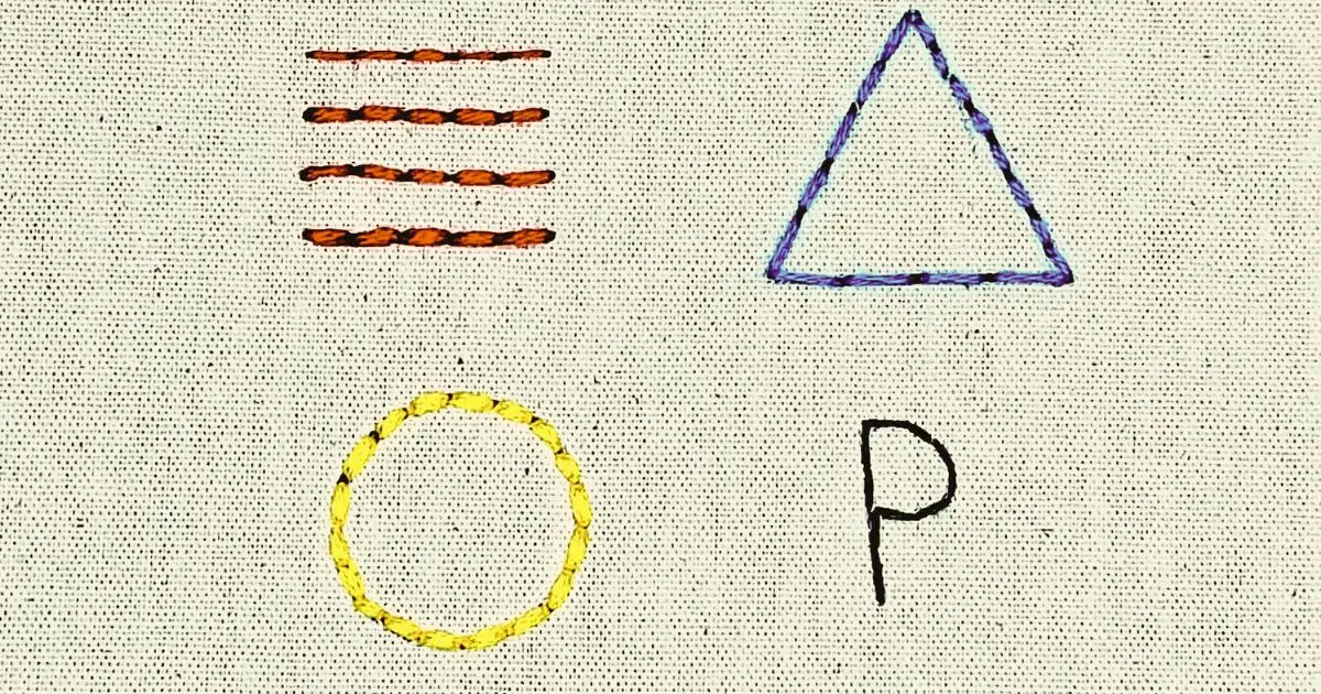 ponto atrás bordado à mão em tecido de algodão. 4 linhas retas bordadas com o ponto e duas formas geométricas também bordadas, um círculo e um triângulo para ilustrar texto sobre ponto atrás, além da letra P bordada