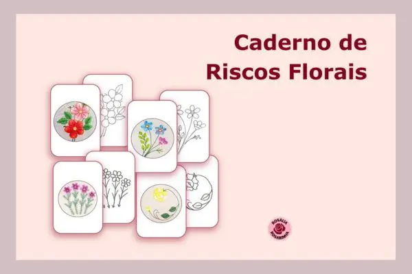 capa do ebook "caderno de riscos florais - rosália rosarinha", com o título em destaque e riscos e bordados à mão