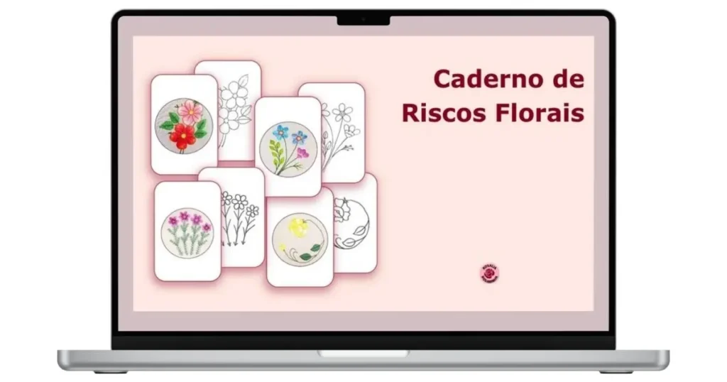 laptop aberto com a capa do ebook "caderno de riscos florais - rosália rosarinha", com o título em destaque e riscos e bordados à mão