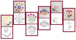 seis riscos florais e os bordados à mão produzidos a partir dos mesmos desenhos