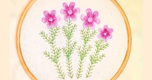 quatro flores rosas bordadas à mão em ponto cheio. criado pela artesã andrea catão para o canal rosália rosarinha