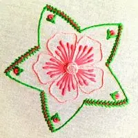 flor em formato de estrela bordada á mão com ponto rococó de formas diferentes, além de ponto espiga e nó francês. peça da artesã andrea catão para o canal rosália rosarinha bordado no youtube